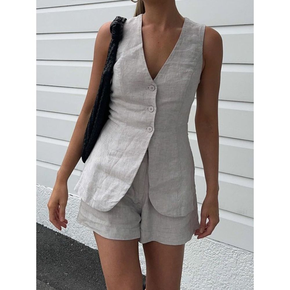 Elegant Vest‎ and Shorts Set Chic V-Neck Sleeveless Outfit